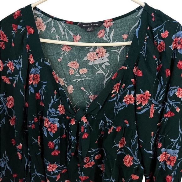 American Eagle Dark Green Long Balloon Sleeve Babydoll V Neck Blouse Small - Picture 2 of 10